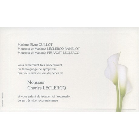 Carte remerciement décès avec deux callas (arums blancs) Decorte 6404 Carte remerciement décès avec deux callas (arums blancs) Decorte 6404