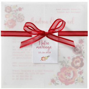Faire-part mariage pochette calque fleurs multicolores ruban rouge Belarto Love 726039