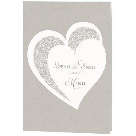 Menu Mariage chic élégant gris coeurs blancs Belarto Bohemian Wedding 727641