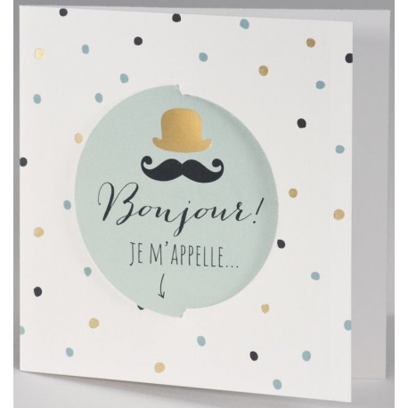 Faire-part naissance chic pois noirs verts chapeau moustache BUROMAC Pirouette 2017 507.049