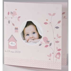 Faire-part naissance camaïeu rose oiseaux coeurs photo BUROMAC Pirouette 2017 507.119