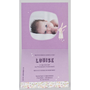 Faire-part naissance chic mauve lapin fleurs photo BUROMAC Pirouette 2017 507.089