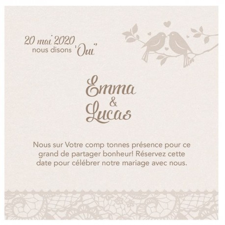 Carte lunch ou remerciements élégante crème motifs dentelle oiseaux Belarto Yes We Do ! 728508