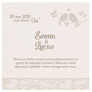 Carte lunch ou remerciements élégante crème motifs dentelle oiseaux Belarto Yes We Do ! 728508