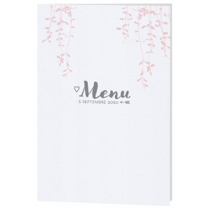 Menu mariage poétique blanc nacré feuillages roses Belarto Yes We Do ! 728628