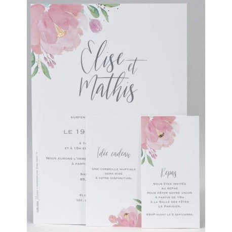 Faire-part mariage nature fleur rose aquarelle BUROMAC Papillons 2018 108.022