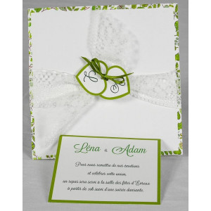 Faire part mariage nature chic dentelle blanche ruban vert Faire Part Select Romance 49603