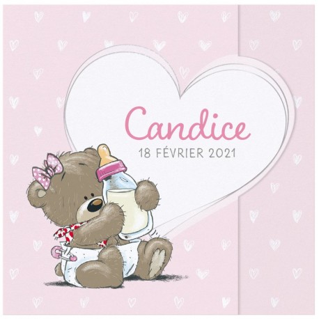 Faire-part naissance câlin rose pâle coeur ourson biberon Belarto Hello World 2018 718001