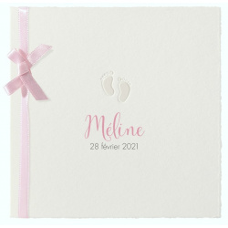 Faire-part naissance classique papier prestige pieds ruban rose Belarto Hello World 2018 718050