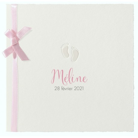 Faire-part naissance classique papier prestige pieds ruban rose Belarto Hello World 2018 718050