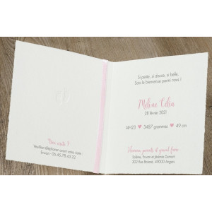 Faire-part naissance classique papier prestige pieds ruban rose Belarto Hello World 2018 718050