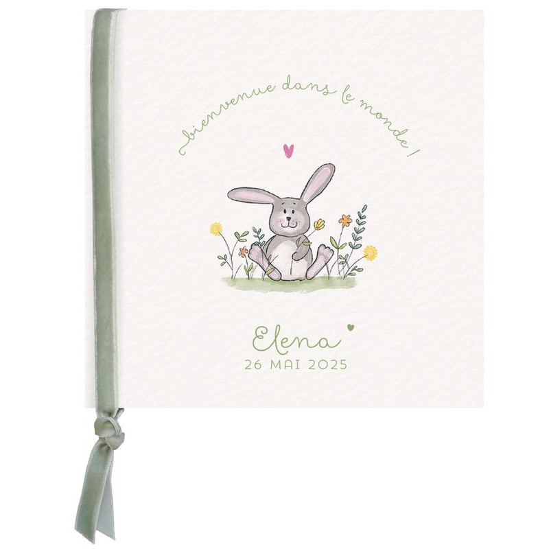 Faire-part naissance baptême classique mignon lapin fleurs ruban vert  Belarto Naissance 2020 610048