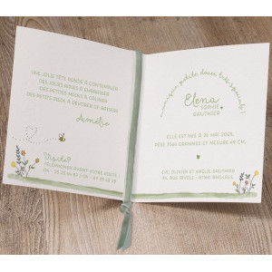 Faire-part naissance baptême classique mignon lapin fleurs ruban vert  Belarto Naissance 2020 610048