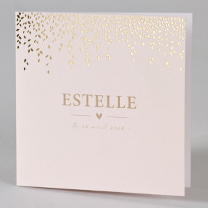 Faire-part naissance ou baptême élégant rose pâle feuillage doré 589.001