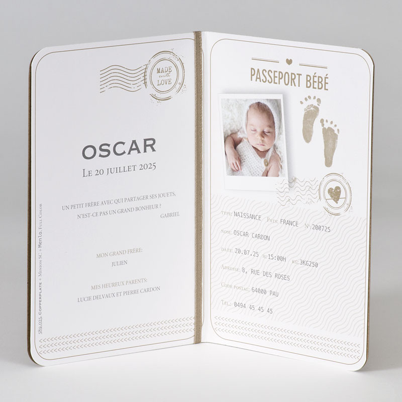 Faire part naissance passeport original kraft dorure Buromac Baby Folly