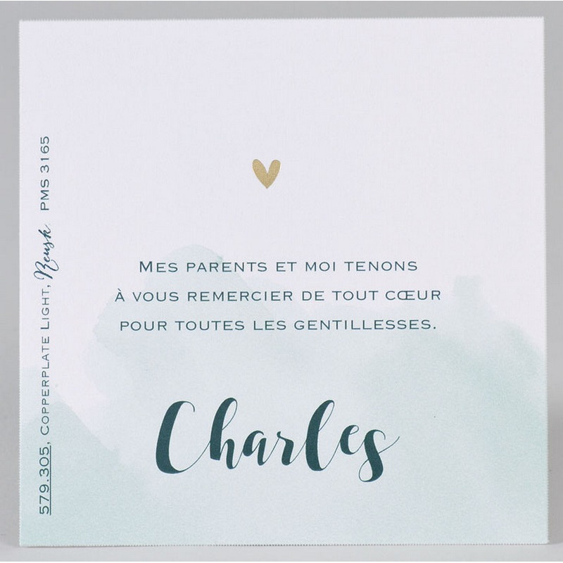 Carte remerciements naissance élégante motif aquarelle vert cœur bronze Buromac Baby Folly (2022) 579.305