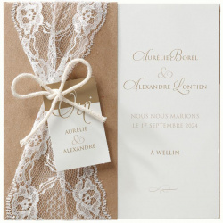 Faire-part mariage romantique dentelle pochette papier kraft