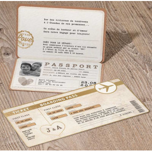 Faire-part mariage passeport billet avion chic kraft dorure BELARTO 620017