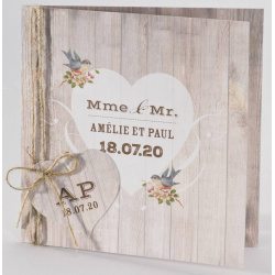 Faire-part mariage thème nature chic avec fond bois et cordelette naturelle