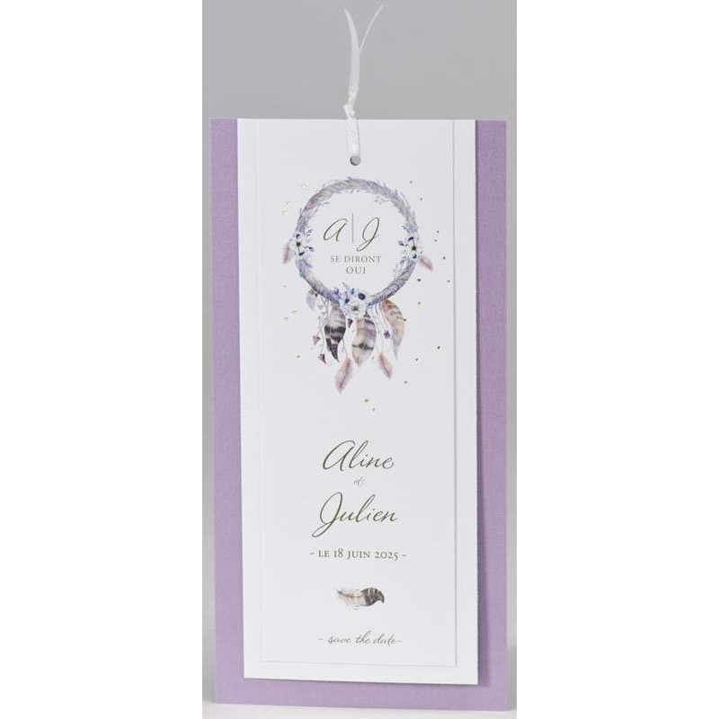 Faire-part mariage chic mauve blanc attrape rêves BUROMAC Papillons 2018 108.098