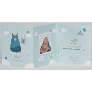 Faire-part naissance classique bleu ciel bavoir photo BUROMAC Pirouette 2017 507.121