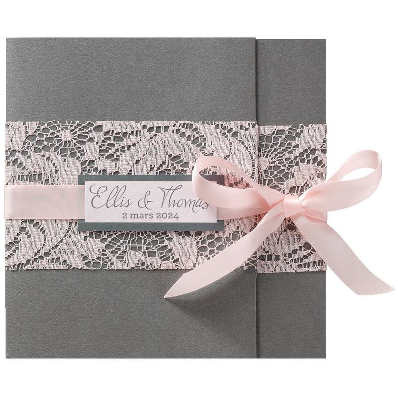 Faire part mariage romantique gris dentelle ruban roses BELARTO Collection Mariage 2020 620033 ancienne ref 726077 Faire part mariage romantique gris dentelle ruban roses BELARTO Collection Mariage 2020 620033 ancienne ref 726077