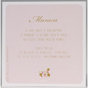 Dos de la carte de baptême couleur rose et dessin de fleur en bas