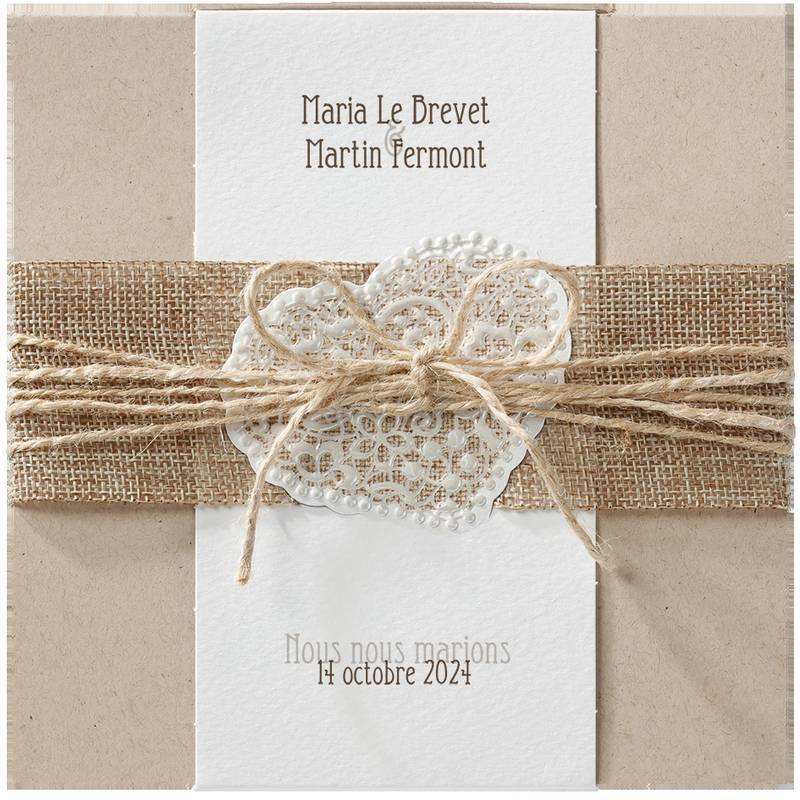 Faire-part mariage naturel, papier kraft, toile de jute et cordelette 620034