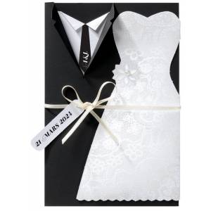 Faire-part mariage original chic robe costume perle ruban beige BELARTO Collection Mariage 620036