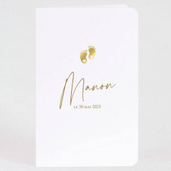 Faire-part de naissance de baptême simple et chic, rectangulaire, en papier blanc mate, avec de petits pieds de bébé en dorure