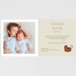 Faire-part de naissance grand frère vintage, beige et blanc.