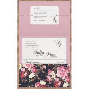 Faire-part mariage pocketfold vintage noir fleurs roses BELARTO Collection Mariage 2020 620011 ouvert