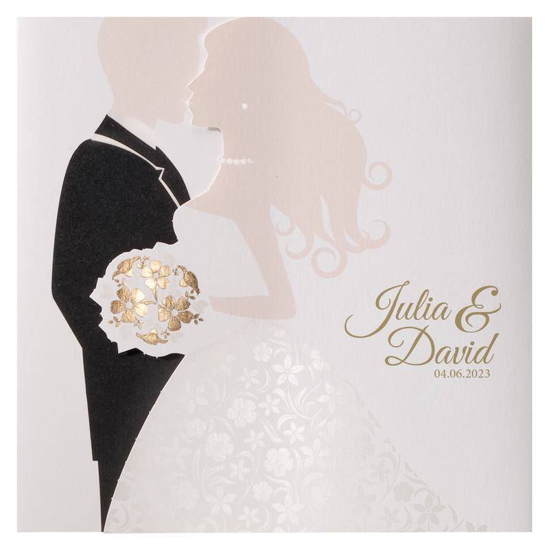 Détails couverture Faire-part mariage original couple vernis dorure Détails couverture Faire-part mariage original couple vernis dorure
