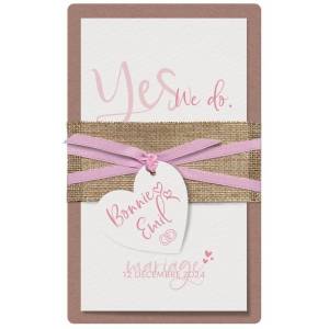 Faire-part mariage nature chic kraft toile de jute ruban rose BELARTO Collection Mariage 620018