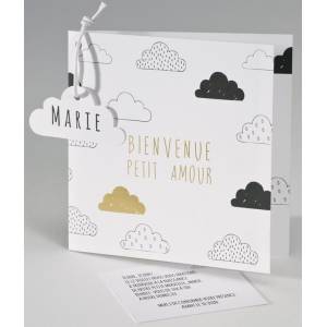 Faire-part naissance tendance graphique nuages noirs et dorés BUROMAC Pirouette 2017 507.011