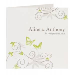 Faire-part de mariage vert papillons arabesques Buromac La Vie en Rose 100.069