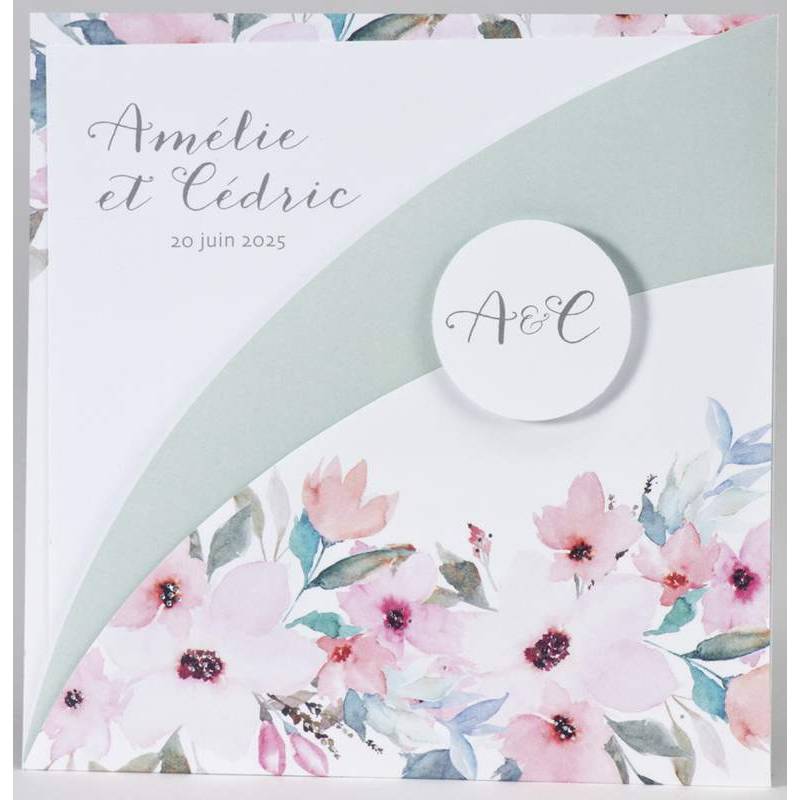 Faire-part mariage chic vintage fleurs pastel argenture BUROMAC Papillons 2018 108.005