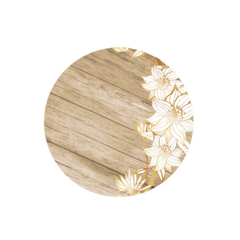 Etiquette ronde pour fermer votre enveloppe de mariage. Sticker décoré de bois et de fleurs blanches.