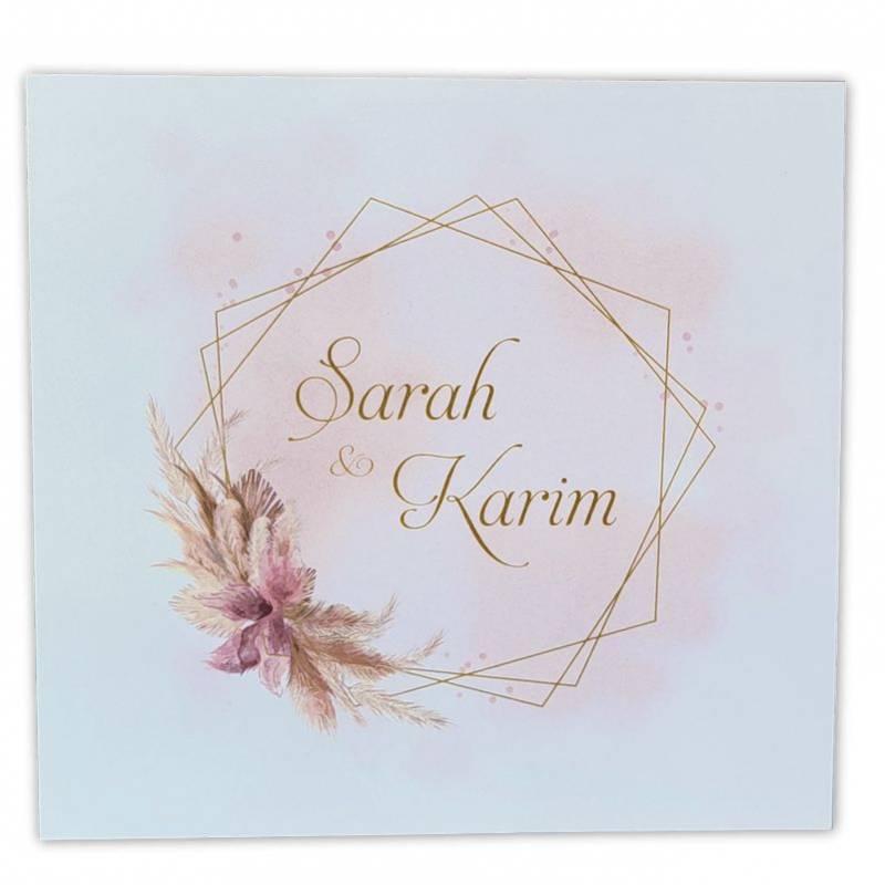 Élégant faire-part mariage fleurs de pampa sur fond rose pastel 2023.003 Élégant faire-part mariage fleurs de pampa sur fond rose pastel 2023.003