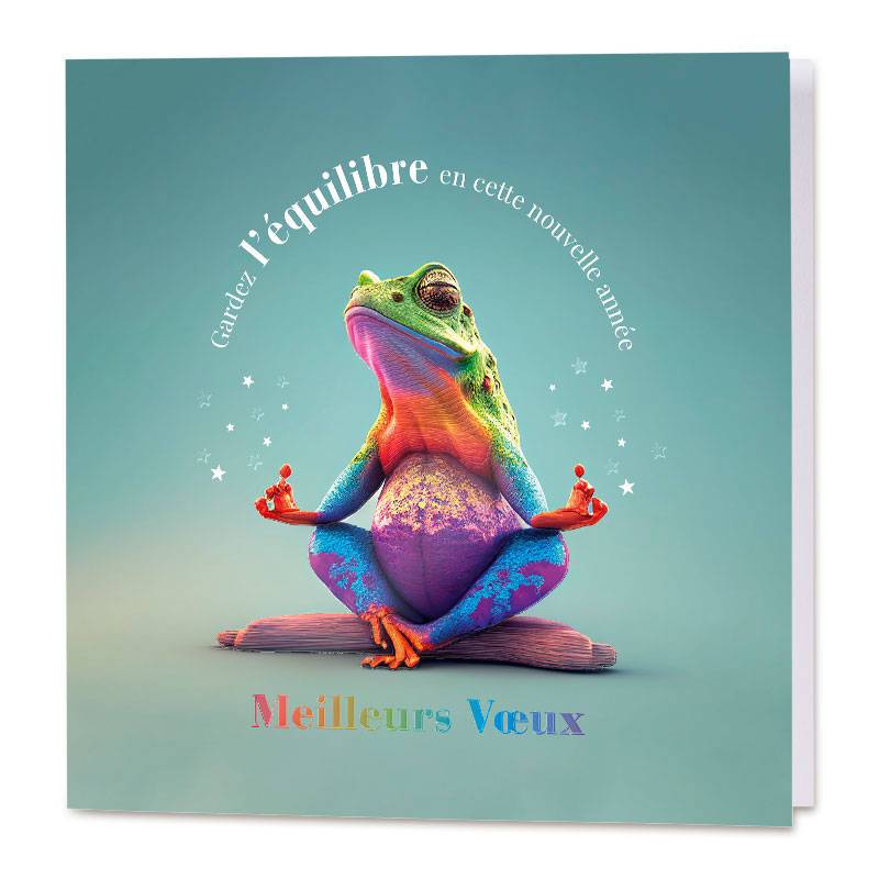 Carte de vœux humoristique pour entreprises, grenouille multicolore zen