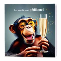 Carte de vœux drôle et pétillante illustrée d'un singe trinquant au champagne