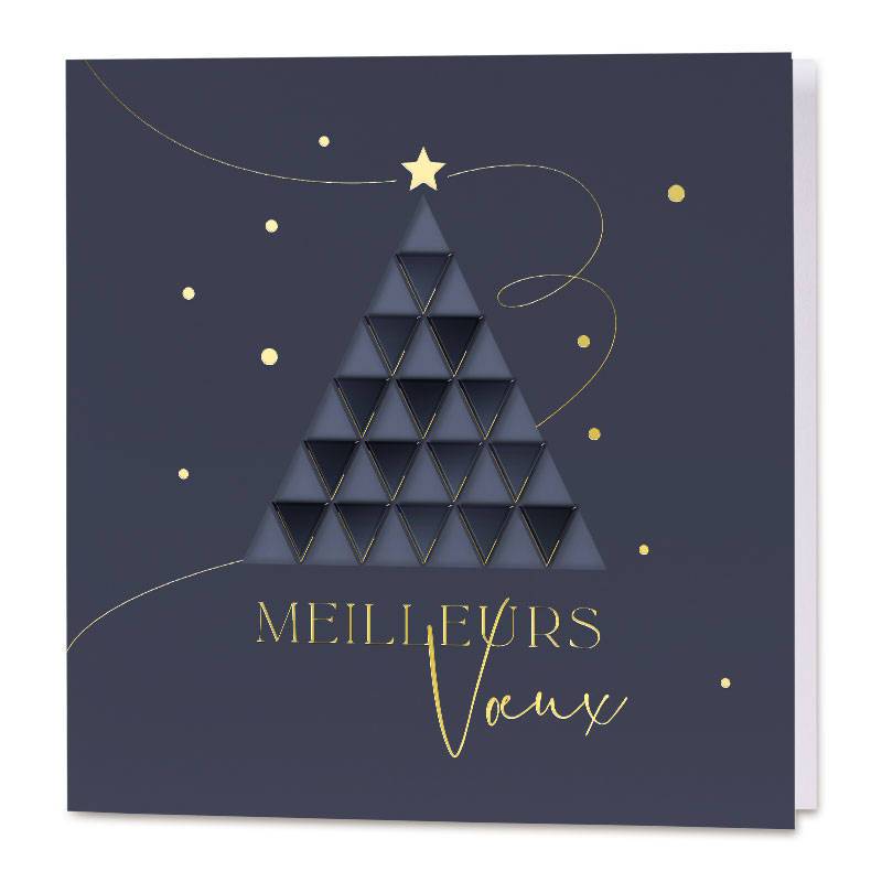 Carte de vœux classique dans un style géométrique épuré, bleu et doré.