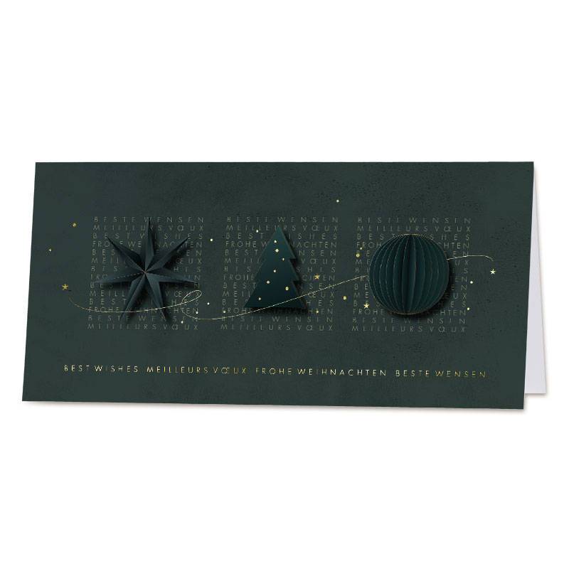 Carte de vœux élégante, vert foncé, illustrée de petits décors de Noël vernis