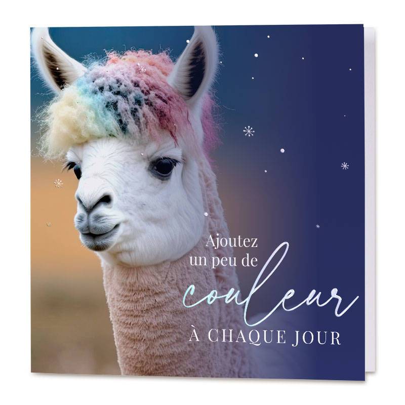 Carte de vœux amusante illustrée d'un lama aux "cheveux" colorés