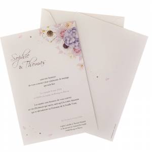 Faire-part mariage et enveloppe blanche. Faire-part printemps, fleurs roses et mauve