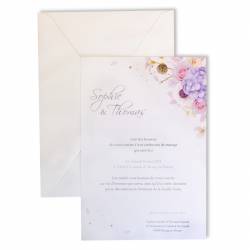 Faire-part mariage printemps, fleurs roses et mauve, avec son enveloppe blanche