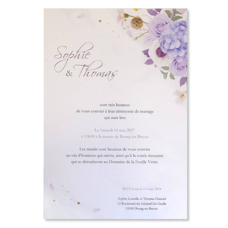 Faire-part de mariage avec fleurs violette Faire-part de mariage avec fleurs violette