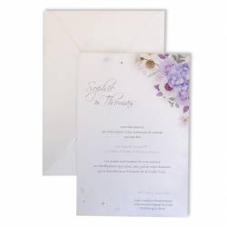 Faire-part mariage fleurs violettes avec son enveloppe blanche