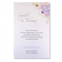 Carte d'invitation mariage décorée de fleurs roses et mauves