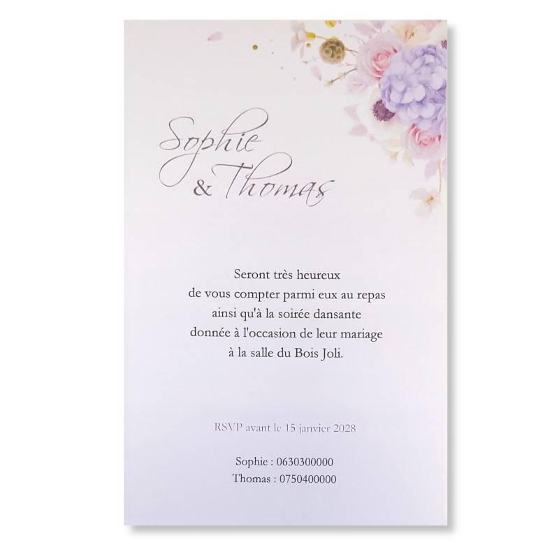 Carte d'invitation mariage décorée de fleurs roses et mauves
